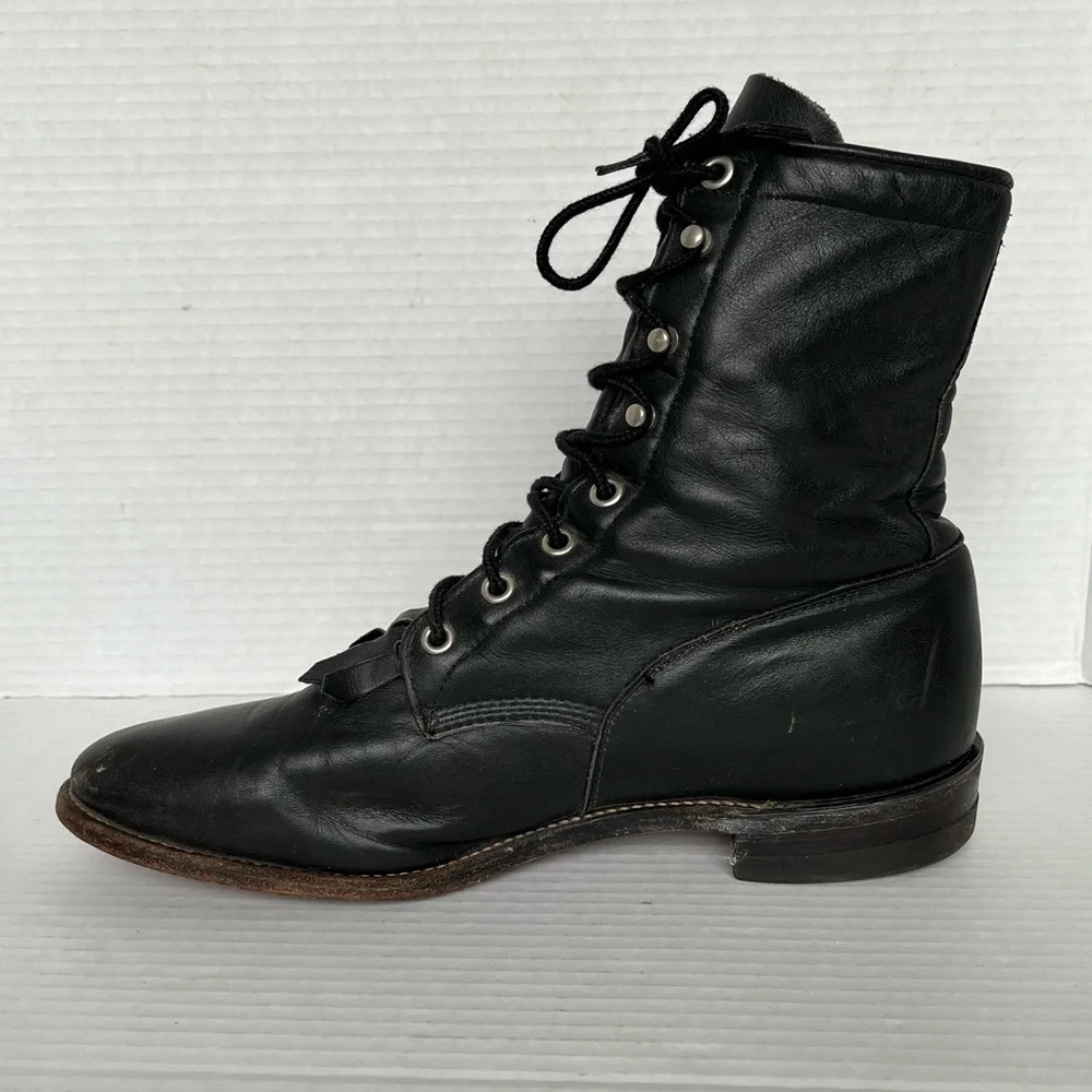 Justin Western Roper Kiltie Boots Women Size 9 B Black Leather Lace Up L0620 - Picture 6 of 11